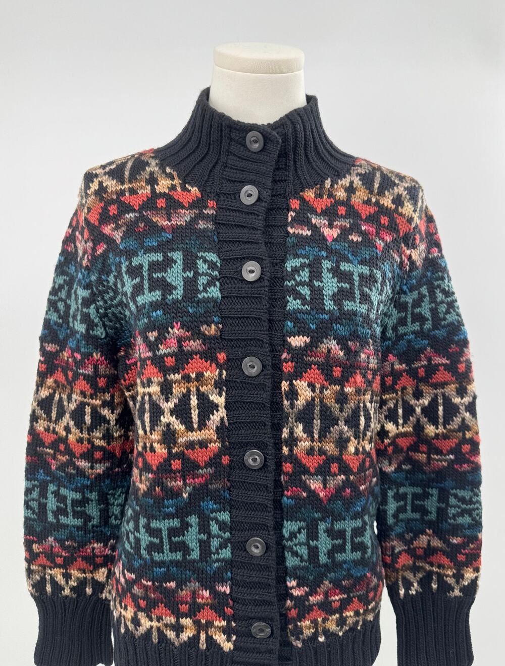 Peruvian Connection 100% Wool Black Multi Sweater Cardigan Jacket Cardi Small